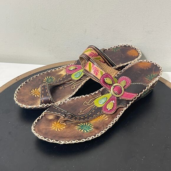 L'Artiste Sandals Women‎ 7.5 Leather Floral Wedge Slip-On Tore Ring Boho - Picture 3 of 10